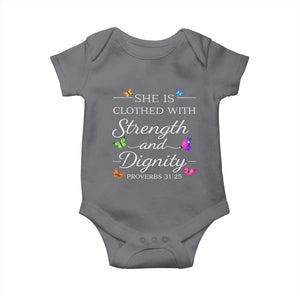 Christian Jesus Baby Onesie Strength Dignity Encouraging Bible Verse Proverb Butterfly Art TS10 Charcoal Print Your Wear