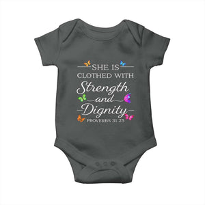 Christian Jesus Baby Onesie Strength Dignity Encouraging Bible Verse Proverb Butterfly Art TS10 Dark Heather Print Your Wear