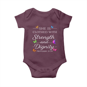 Christian Jesus Baby Onesie Strength Dignity Encouraging Bible Verse Proverb Butterfly Art TS10 Maroon Print Your Wear