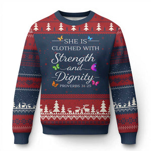 Christian Jesus Ugly Christmas Sweater Strength Dignity Encouraging Bible Verse Proverb Butterfly Art TS10 Navy Red Print Your Wear