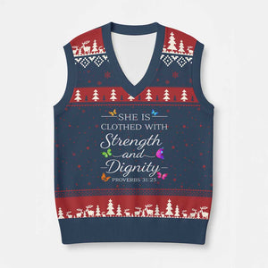 Christian Jesus V-Neck Knit Sweater Vest Strength Dignity Encouraging Bible Verse Proverb Butterfly Art TS10 Navy Red Print Your Wear