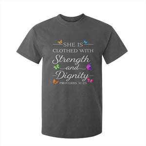 Christian Jesus T Shirt For Kid Strength Dignity Encouraging Bible Verse Proverb Butterfly Art TS10 Dark Heather Print Your Wear
