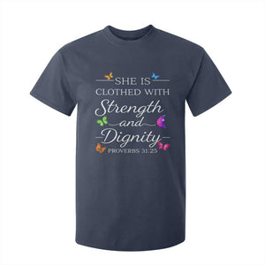Christian Jesus T Shirt For Kid Strength Dignity Encouraging Bible Verse Proverb Butterfly Art TS10 Navy Print Your Wear