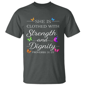 Christian Jesus T Shirt Strength Dignity Encouraging Bible Verse Proverb Butterfly Art TS10 Dark Heather Print Your Wear