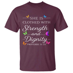 Christian Jesus T Shirt Strength Dignity Encouraging Bible Verse Proverb Butterfly Art TS10 Maroon Print Your Wear