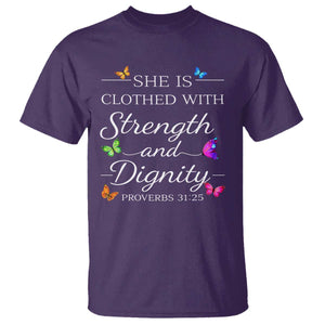 Christian Jesus T Shirt Strength Dignity Encouraging Bible Verse Proverb Butterfly Art TS10 Purple Print Your Wear