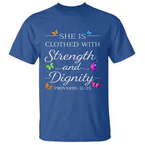 Christian Jesus T Shirt Strength Dignity Encouraging Bible Verse Proverb Butterfly Art TS10 Royal Blue Print Your Wear