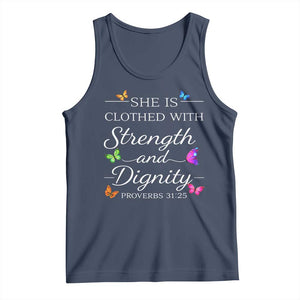 Christian Jesus Tank Top Strength Dignity Encouraging Bible Verse Proverb Butterfly Art TS10 Navy Print Your Wear