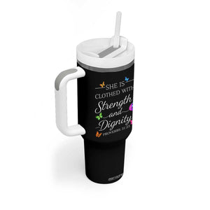 Christian Jesus Tumbler With Handle Strength Dignity Encouraging Bible Verse Proverb Butterfly Art TS10 Print Your Wear