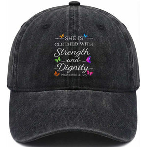 Christian Jesus Washed Cotton Baseball Cap Strength Dignity Encouraging Bible Verse Proverb Butterfly Art TS10 Print Your Wear