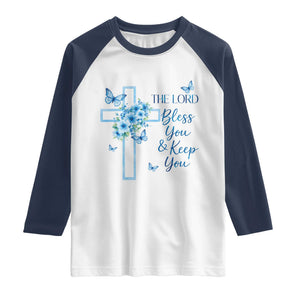 Christian Jesus Raglan Shirt The Lord Bless You Encouraging Bible Verse Butterfly Art TS10 White Navy Print Your Wear