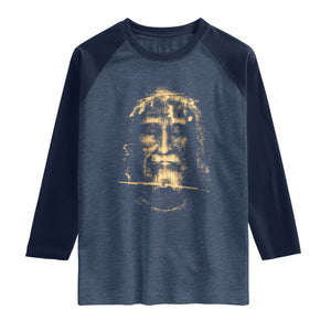Shroud Of Turin Jesus Raglan Shirt Jesus Christ Face Religious Catholic Christian Faith TS10 Heather Denim Navy Print Your Wear