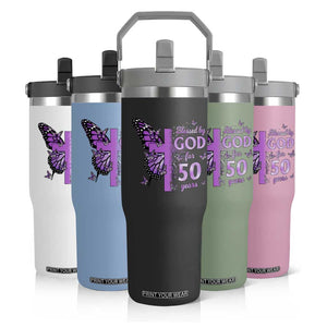 50th Birthday Gifts For Her Flip Straw Tumbler Blessed By God For 50 Years Christian Butterfly Cross TS10 Print Your Wear