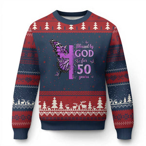 50th Birthday Gifts For Her Ugly Christmas Sweater Blessed By God For 50 Years Christian Butterfly Cross TS10 Navy Red Print Your Wear