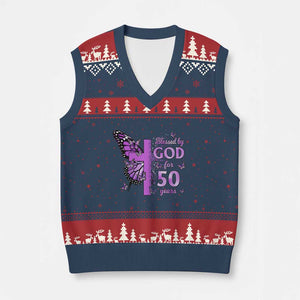 50th Birthday Gifts For Her V-Neck Knit Sweater Vest Blessed By God For 50 Years Christian Butterfly Cross TS10 Navy Red Print Your Wear