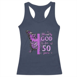 50th Birthday Gifts For Her Racerback Tank Top Blessed By God For 50 Years Christian Butterfly Cross TS10 Navy Print Your Wear
