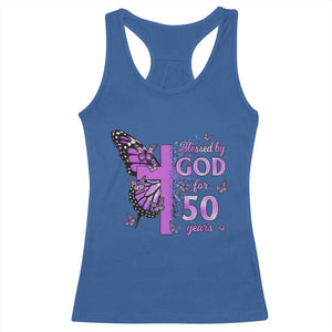 50th Birthday Gifts For Her Racerback Tank Top Blessed By God For 50 Years Christian Butterfly Cross TS10 Royal Blue Print Your Wear