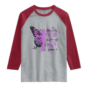 50th Birthday Gifts For Her Raglan Shirt Blessed By God For 50 Years Christian Butterfly Cross TS10 Heather Gray Heather Red Print Your Wear