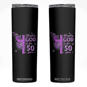 50th Birthday Gifts For Her Skinny Tumbler Blessed By God For 50 Years Christian Butterfly Cross TS10 Black Print Your Wear