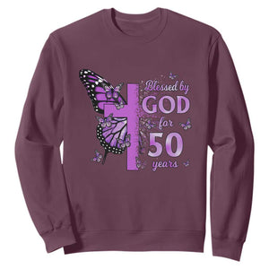 50th Birthday Gifts For Her Sweatshirt Blessed By God For 50 Years Christian Butterfly Cross TS10 Maroon Print Your Wear