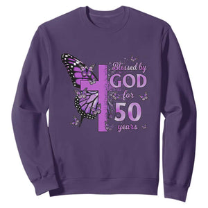 50th Birthday Gifts For Her Sweatshirt Blessed By God For 50 Years Christian Butterfly Cross TS10 Purple Print Your Wear