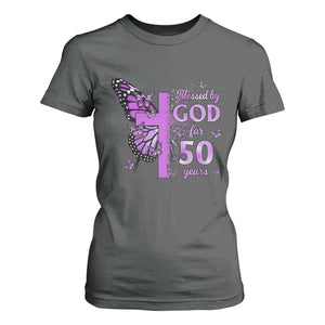 50th Birthday Gifts For Her T Shirt For Women Blessed By God For 50 Years Christian Butterfly Cross TS10 Dark Heather Print Your Wear