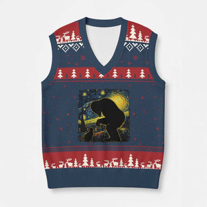 Fun Hand Boop Nose Bigfoot Cat V-Neck Knit Sweater Vest Sasquatch Starry Night Van Gogh TS10 Navy Red Print Your Wear