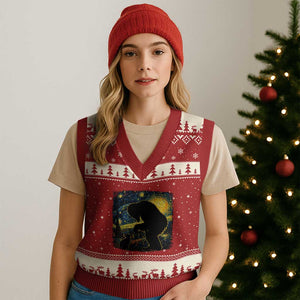Fun Hand Boop Nose Bigfoot Cat V-Neck Knit Sweater Vest Sasquatch Starry Night Van Gogh TS10 Red Beige Print Your Wear