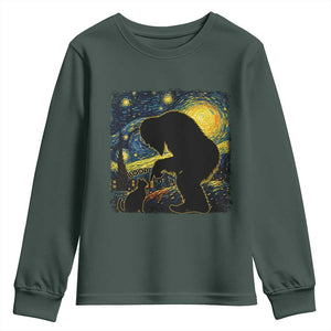 Fun Hand Boop Nose Bigfoot Cat Youth Sweatshirt Sasquatch Starry Night Van Gogh TS10 Dark Forest Green Print Your Wear