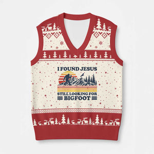 Retro I Found Jesus Still Looking For Bigfoot V-Neck Knit Sweater Vest Funny Sasquatch Bigfoot Believer Christian Humor TS10 Beige Red Print Your Wear