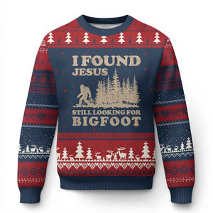 Retro I Found Jesus Still Looking For Bigfoot Ugly Christmas Sweater Vintage Sasquatch Believer Funny Christian Humor TS10 Navy Red Print Your Wear