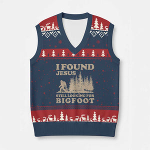 Retro I Found Jesus Still Looking For Bigfoot V-Neck Knit Sweater Vest Vintage Sasquatch Believer Funny Christian Humor TS10 Navy Red Print Your Wear