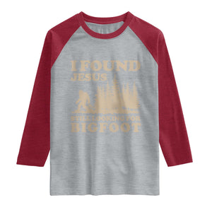 Retro I Found Jesus Still Looking For Bigfoot Raglan Shirt Vintage Sasquatch Believer Funny Christian Humor TS10 Heather Gray Heather Red Print Your Wear