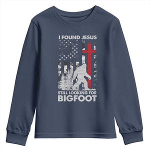 Retro I Found Jesus Still Looking For Bigfoot Youth Sweatshirt Camouflage US American Flag Camo TS10 Navy Print Your Wear