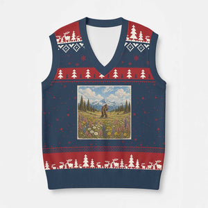 Retro Bigfoot Wildflower V-Neck Knit Sweater Vest Vintage Sasquatch Funny Cryptid TS10 Navy Red Print Your Wear