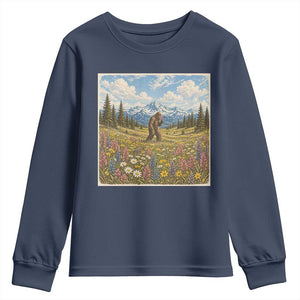 Retro Bigfoot Wildflower Youth Sweatshirt Vintage Sasquatch Funny Cryptid TS10 Navy Print Your Wear