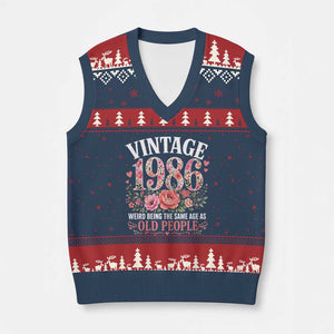 40th Birthday Gifts For Her V-Neck Knit Sweater Vest Floral 1986 Weird Being The Same Age As Old People TS10 Navy Red Print Your Wear