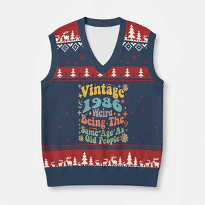 Funny 40th Birthday V-Neck Knit Sweater Vest Retro Groovy 1986 Weird Being The Same Age As Old People TS10 Navy Red Print Your Wear