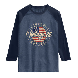 Vintage 1986 Stamp Raglan Shirt Funny 40th Birthday USA Flag 40 Year Old Bday TS10 Heather Denim Navy Print Your Wear