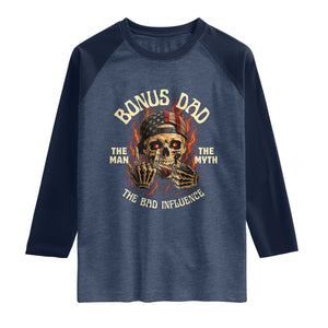 Bonus Dad Raglan Shirt The Man Myth Bad Influence Step Dad Vintage Skull USA Flag TS10 Heather Denim Navy Print Your Wear