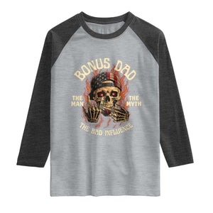 Bonus Dad Raglan Shirt The Man Myth Bad Influence Step Dad Vintage Skull USA Flag TS10 Heather Gray Heather Charcoal Print Your Wear