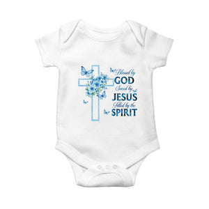 Christian Jesus Baby Onesie Blessed By God Saved By Jesus Blue Floral Cross Butterfly Art TS10 White Print Your Wear