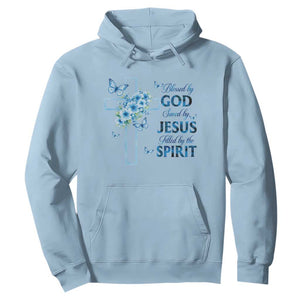 Christian Jesus Hoodie Blessed By God Saved By Jesus Blue Floral Cross Butterfly Art TS10 Light Blue Print Your Wear