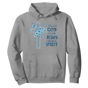 Christian Jesus Hoodie Blessed By God Saved By Jesus Blue Floral Cross Butterfly Art TS10 Sport Gray Print Your Wear