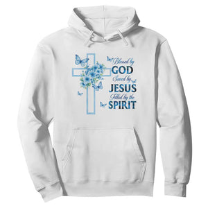 Christian Jesus Hoodie Blessed By God Saved By Jesus Blue Floral Cross Butterfly Art TS10 White Print Your Wear