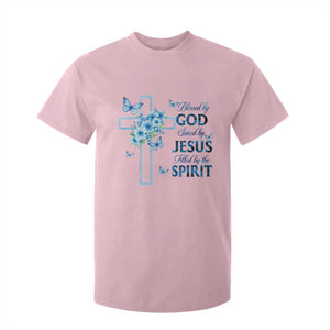 Christian Jesus T Shirt For Kid Blessed By God Saved By Jesus Blue Floral Cross Butterfly Art TS10 Light Pink Print Your Wear