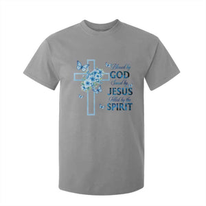 Christian Jesus T Shirt For Kid Blessed By God Saved By Jesus Blue Floral Cross Butterfly Art TS10 Sport Gray Print Your Wear
