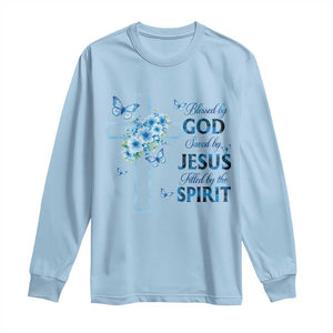 Christian Jesus Long Sleeve Shirt Blessed By God Saved By Jesus Blue Floral Cross Butterfly Art TS10 Light Blue Print Your Wear
