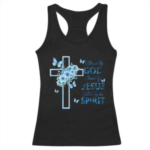 Christian Jesus Racerback Tank Top Blessed By God Saved By Jesus Blue Floral Cross Butterfly Art TS10 Black Print Your Wear