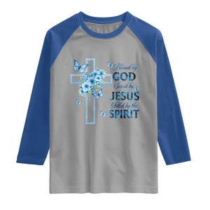 Christian Jesus Raglan Shirt Blessed By God Saved By Jesus Blue Floral Cross Butterfly Art TS10 Sport Gray Royal Print Your Wear